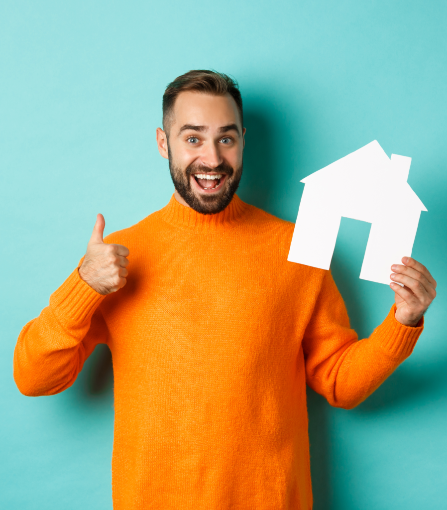 real estate concept satisfied man recommending agency showing thumb up house maket standing (1)